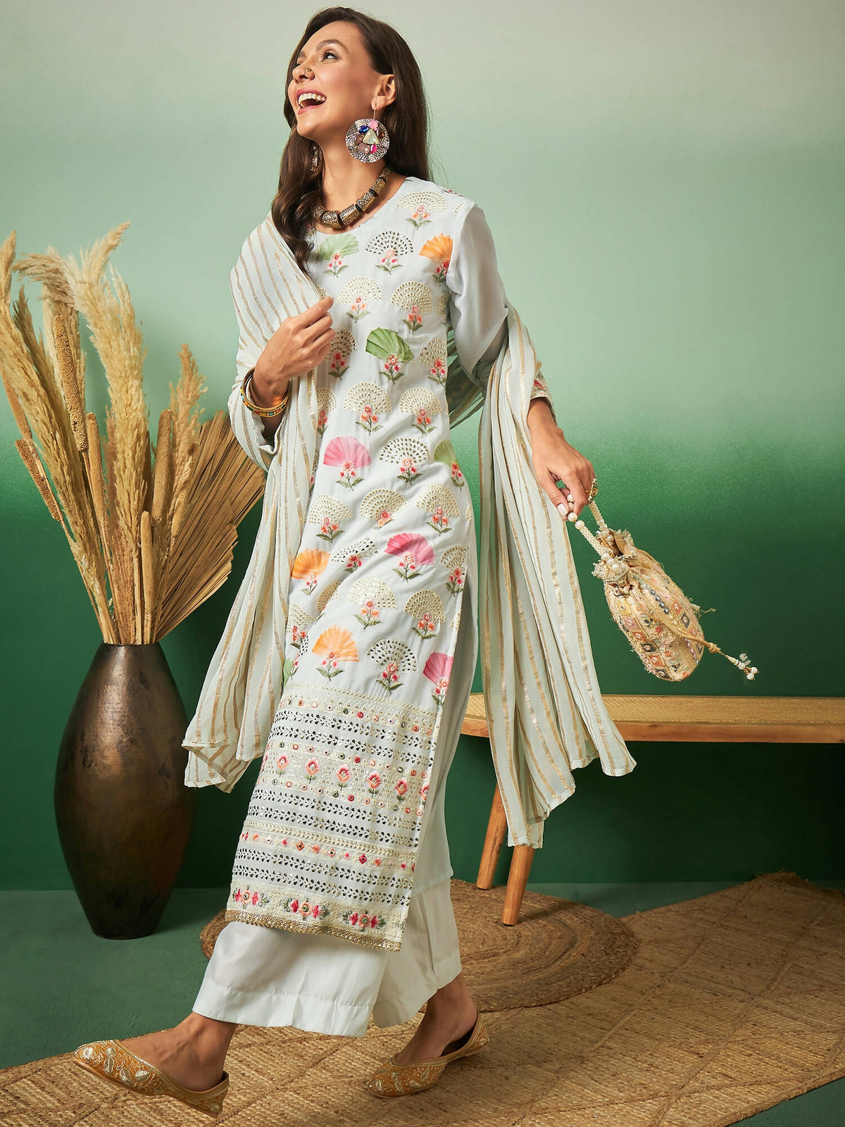 Light Blue Georgette Handwork Unstitched Dress Material - Hanika | Grocsy