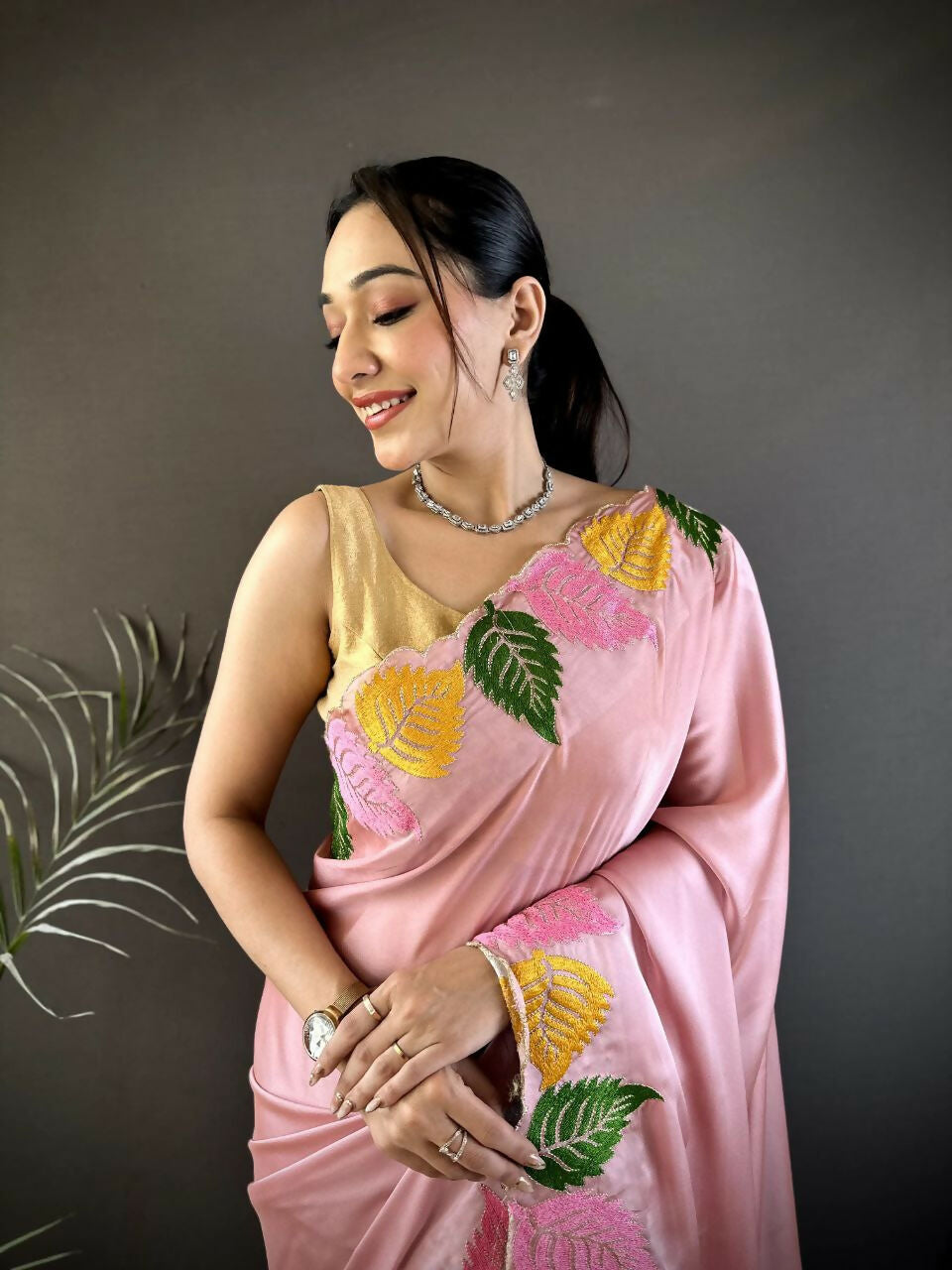 Prime Volt Multicolor Leaf Embroidery Rangoli Silk Saree with Scalloped Border-Pink | Grocsy