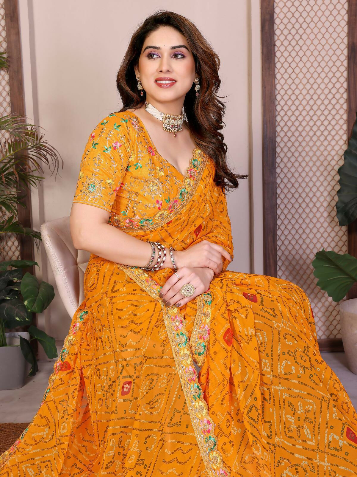 Teeya Creation Womens Trendy Simply Bandhej Georgette Saree-Yellow | Grocsy