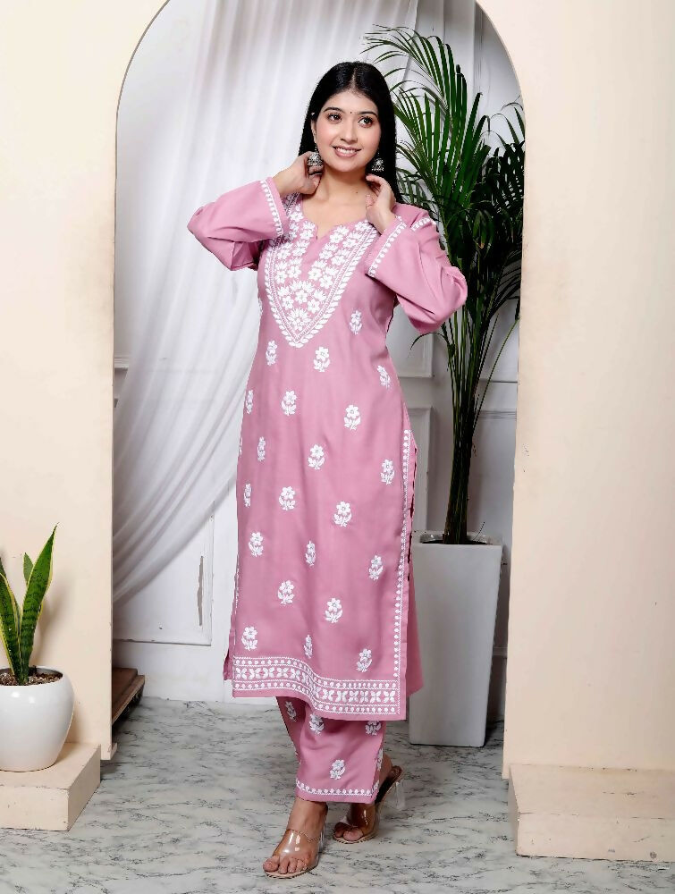 Miravan Womens Pink Embroidered Kurta With Palazzo | Grocsy