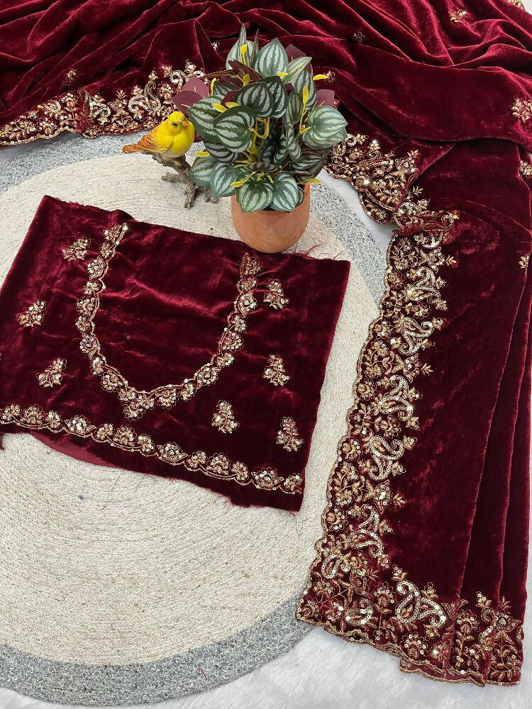 Joban Fashion Maroon 9000 Velvet Party Wear Sarees | Grocsy