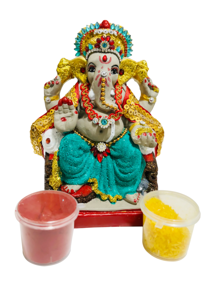 Eco-Friendly Ganesh Idol Small (Non-Toxic Colors) With Kumkum & Akshat | Grocsy