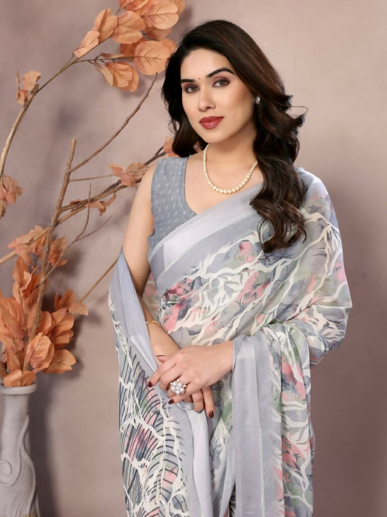 Designer Partywear Greay Bright Moss Satin Patta Fancy Saree - Kanak | Grocsy