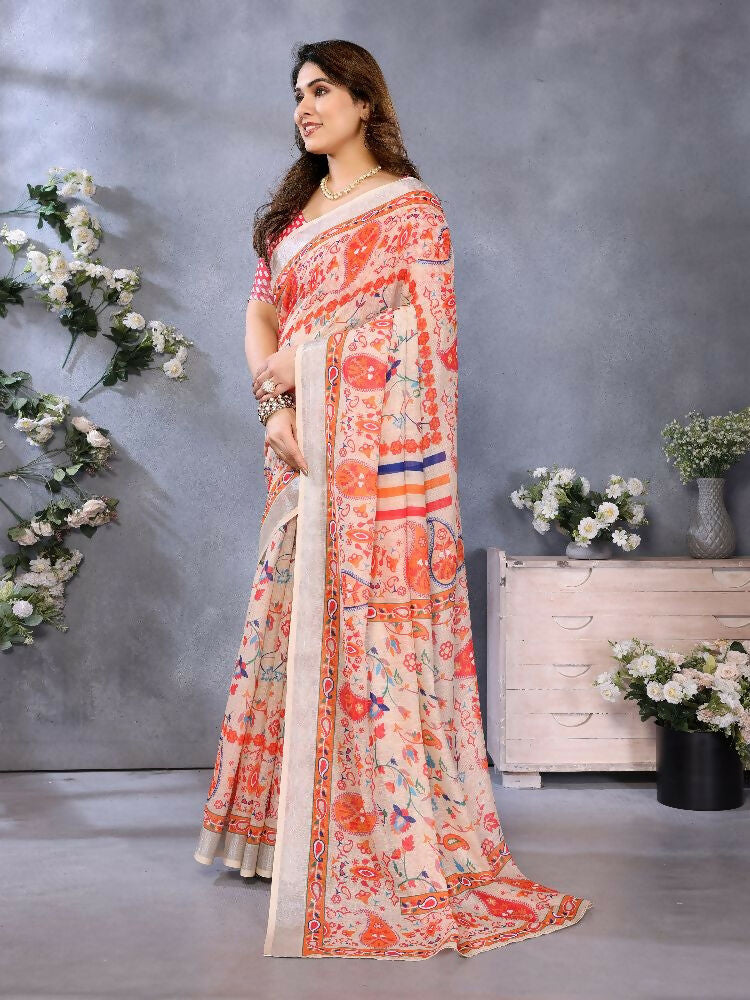 PR Fashion Orange Handloom Linen Cotton Saree | Grocsy