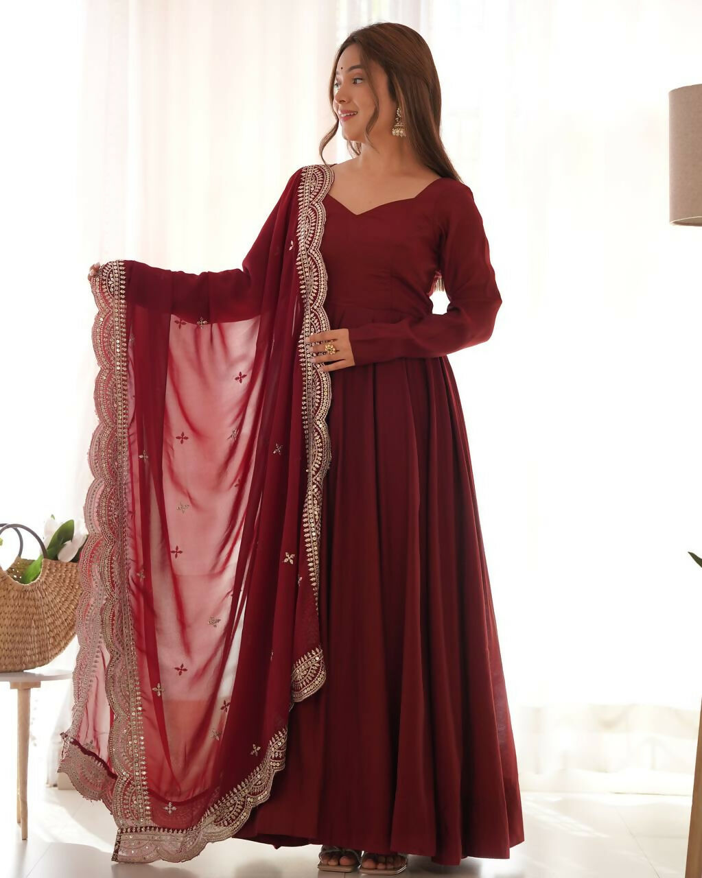 Lehenga Mart Designer Anarkali Suit With Kurta, Pant, Dupatta For Women-Maroon | Grocsy