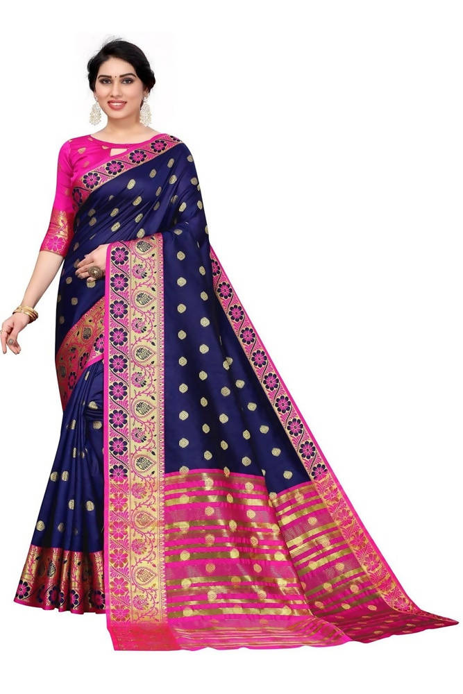 Vamika Cotton Rich Silk With Jacquard Weaving Navy Blue Saree | Grocsy