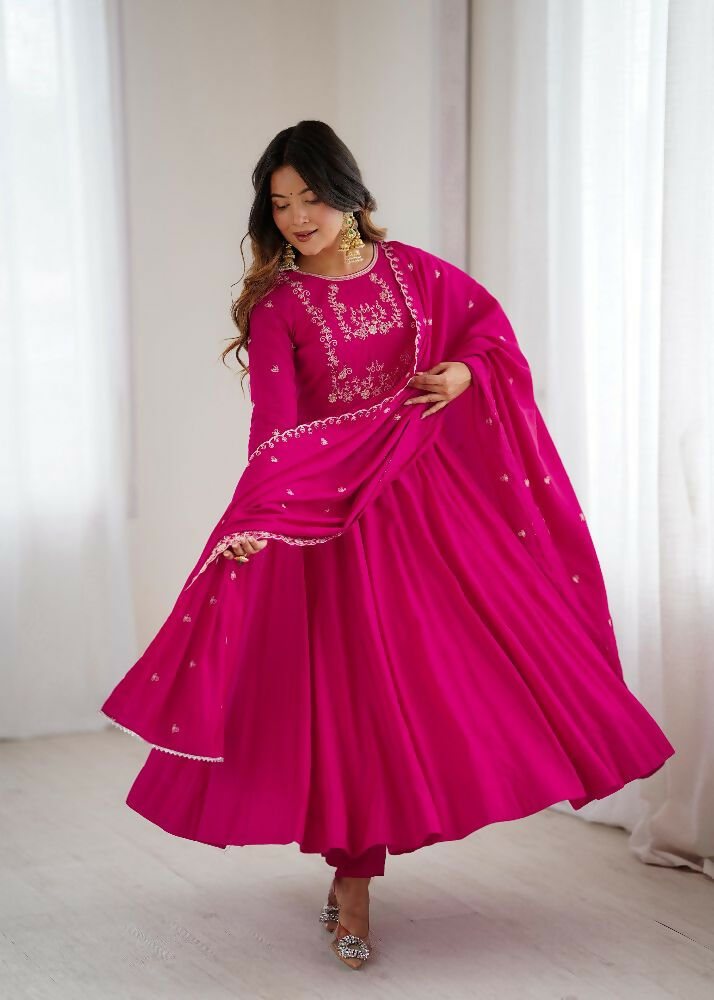 Joban Fashion Dark Pink Kurta Set Chanderi Sequence Embroidery Work | Grocsy