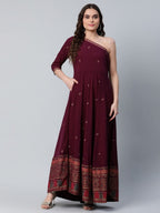 Ahalyaa Women Burgundy & Gold-Toned Ethnic Motifs One Shoulder Ethnic Maxi Dress | Grocsy