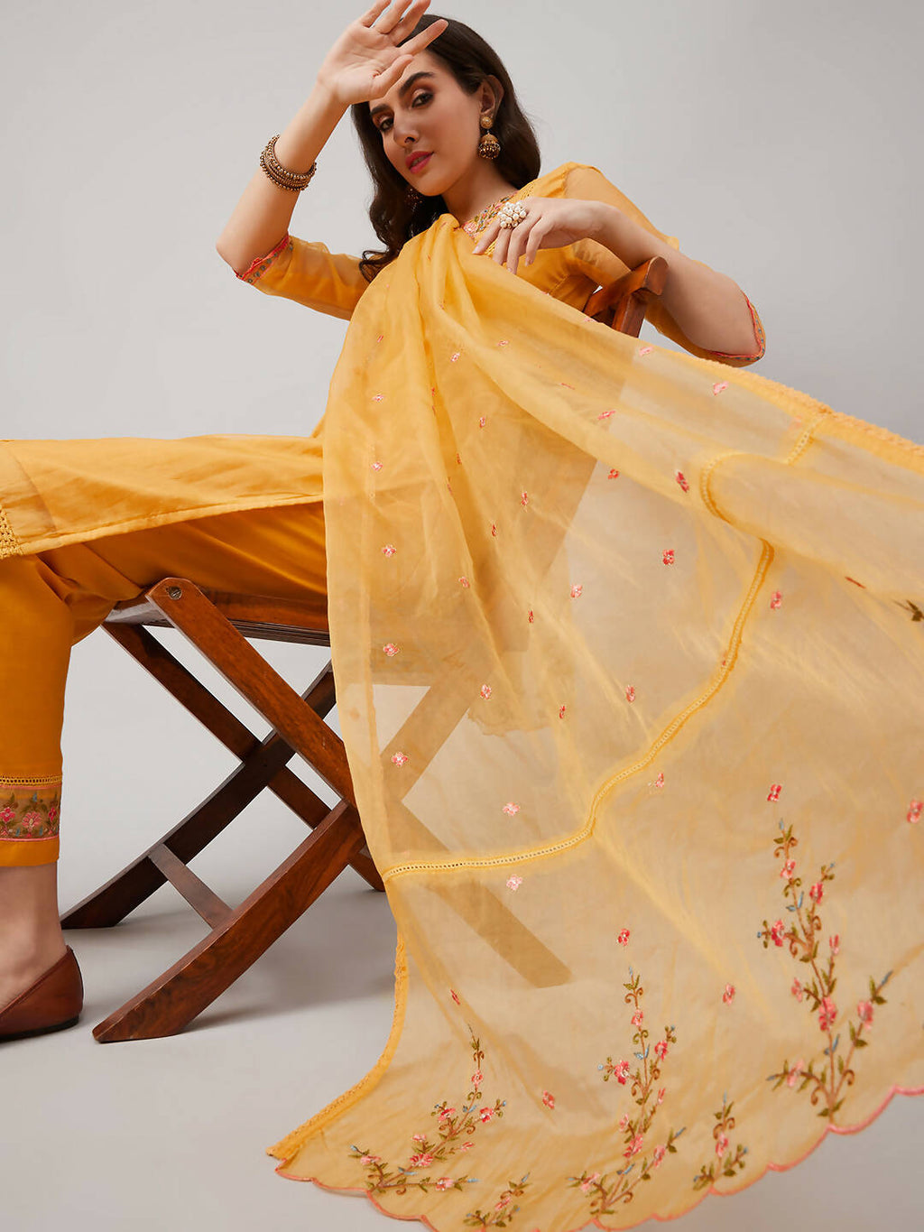 Yellow Organza Embroidered Kurta with Bottom & Dupatta - Salimar | Grocsy