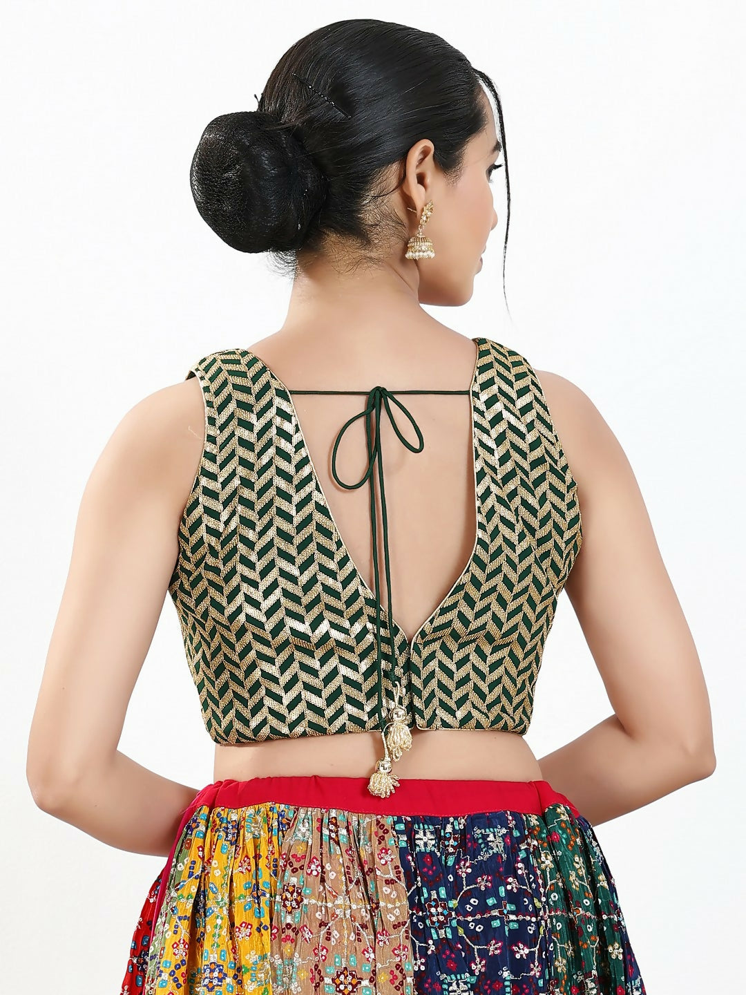 Joban Fashion Bottle Green Silk Padded Blouse With Sweetheart Neck Sleeveless | Grocsy