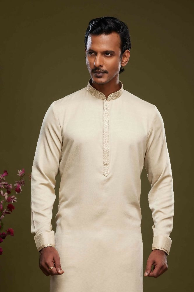 Raivat Ethnic Art Banarasi Silk Thread Work Kurta Pajama In Cream Beige Colour | Grocsy