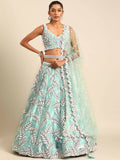House of Panchhi Turquoise Blue Organza Sequins & Zarkan embroidery Lehenga choli & Dupatta | Grocsy