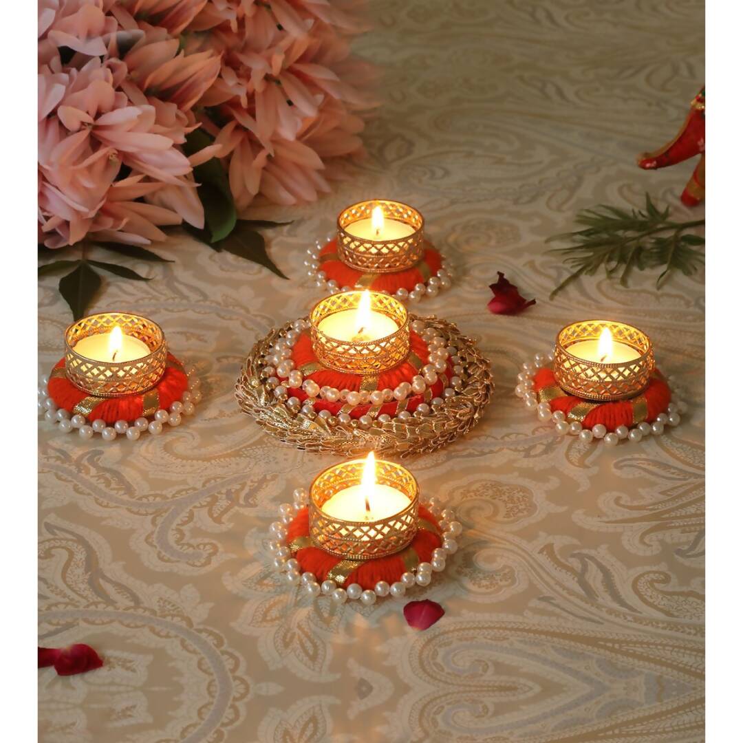 Tied Ribbons Set of 5 Orange & Gold-Toned Tealight Candle Holder | Grocsy