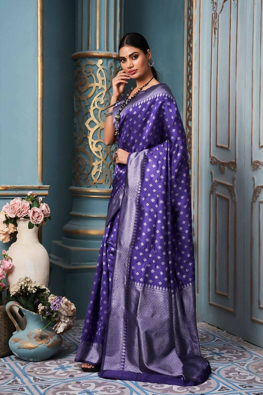 DEIANA'S Beautiful Designer Golden zari Soft Lichi Silk Saree - Purple | Grocsy