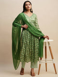 Green Pure Cotton Floral Printed Naira Cut Kurta And Bottom With Dupatta - Akashara | Grocsy
