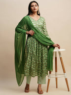 Green Pure Cotton Floral Printed Naira Cut Kurta And Bottom With Dupatta - Akashara | Grocsy