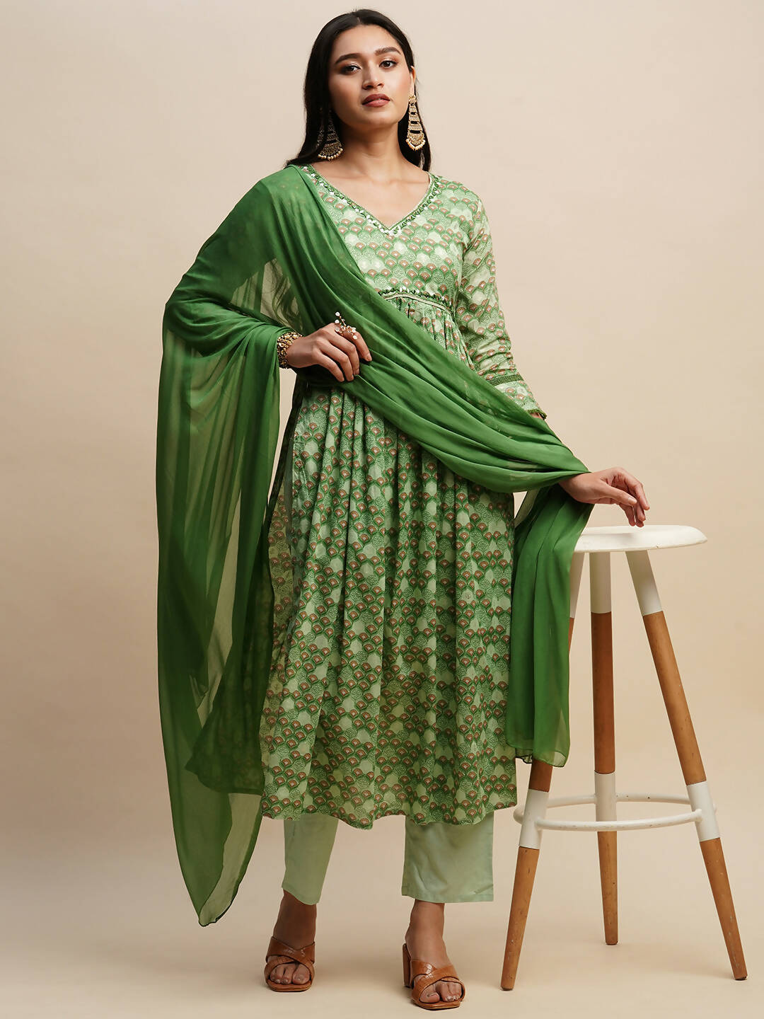 Green Pure Cotton Floral Printed Naira Cut Kurta And Bottom With Dupatta - Akashara | Grocsy