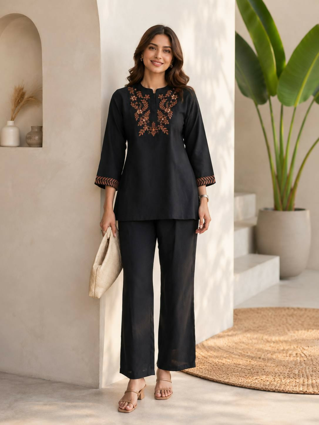 Teeya Creation Classic Black Embroidered Cotton Co-Ord Set For Women | Grocsy