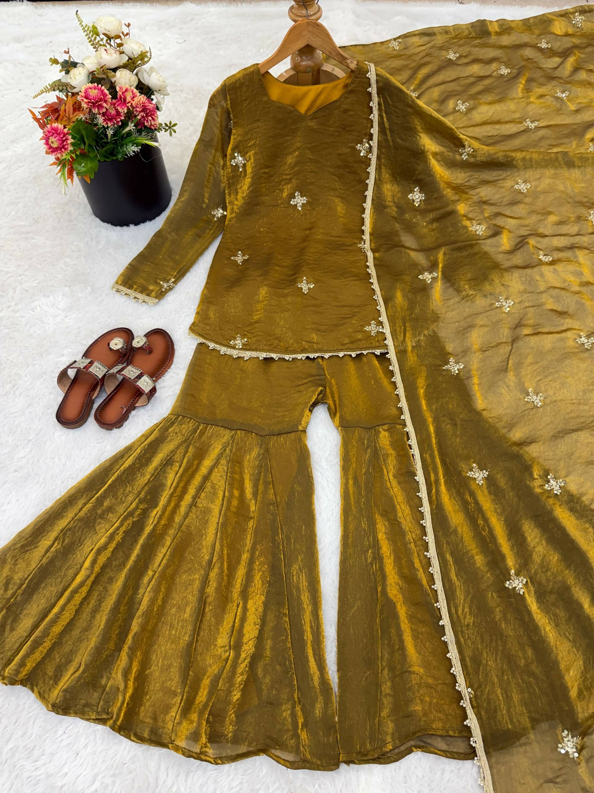 Teeya Creation New Womens Trendy Embroidery Sequence Work Gold Kurta Set | Grocsy