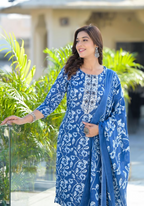 Juniper Women's Blue Floral Printed Cotton Kurta Set With Thread Work & Sequins | Grocsy
