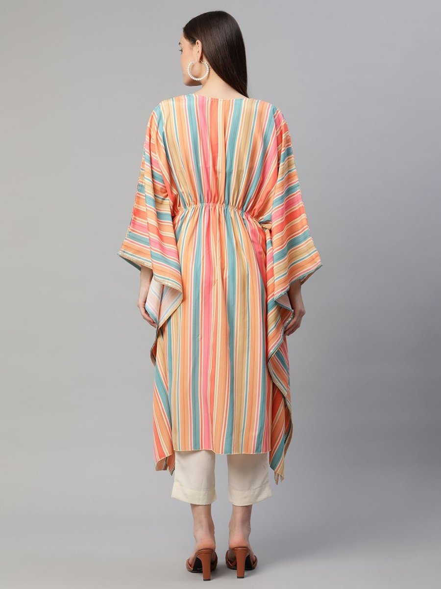 Ahalyaa Women Multi Color Crepe Striped Printed Kaftan Kurta With Trousers | Grocsy