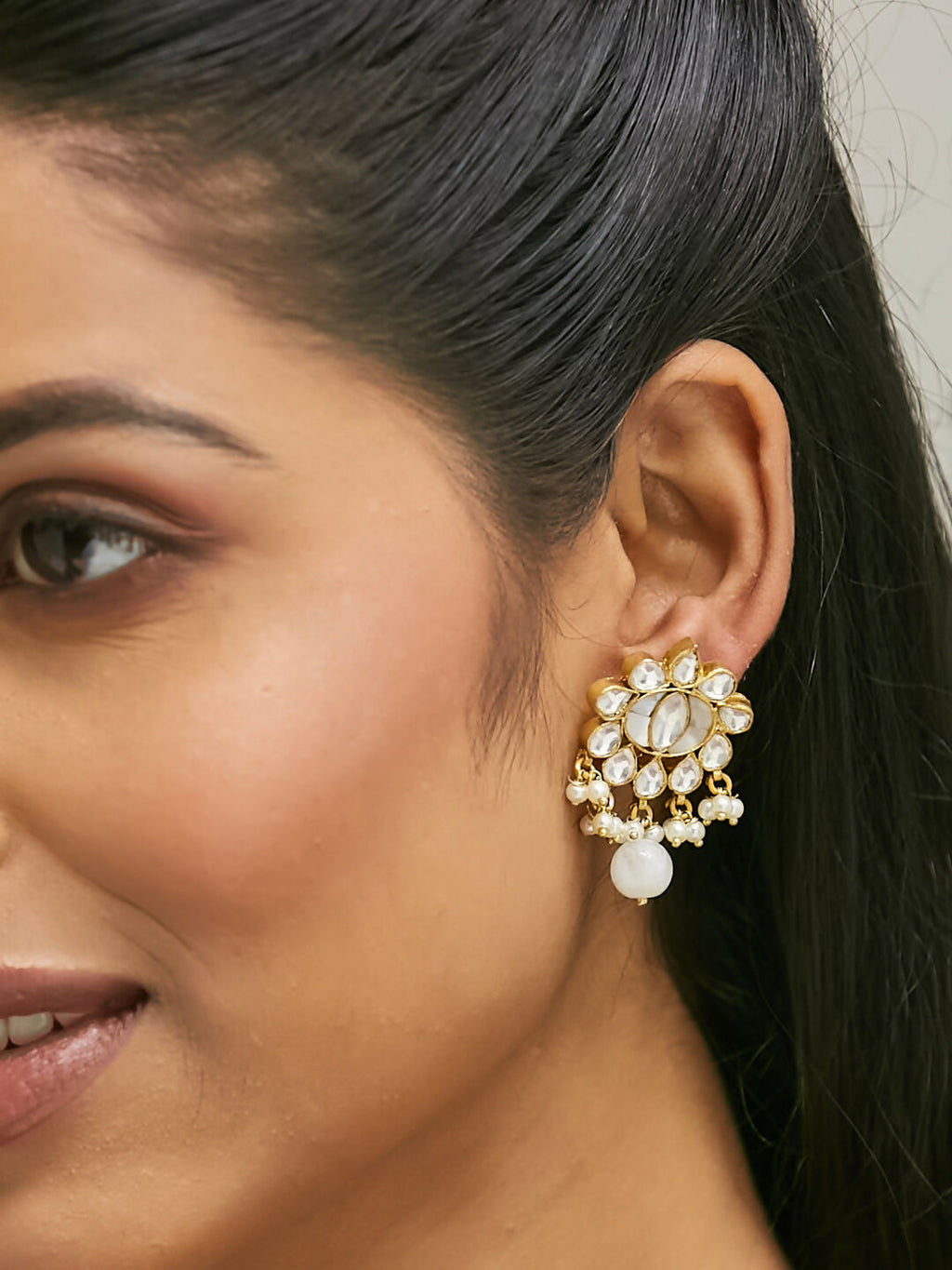 Nuyug 22K Gold-Plated Elegant MOP Studded Ethnic Pearl Drop Stud Earrings | Grocsy