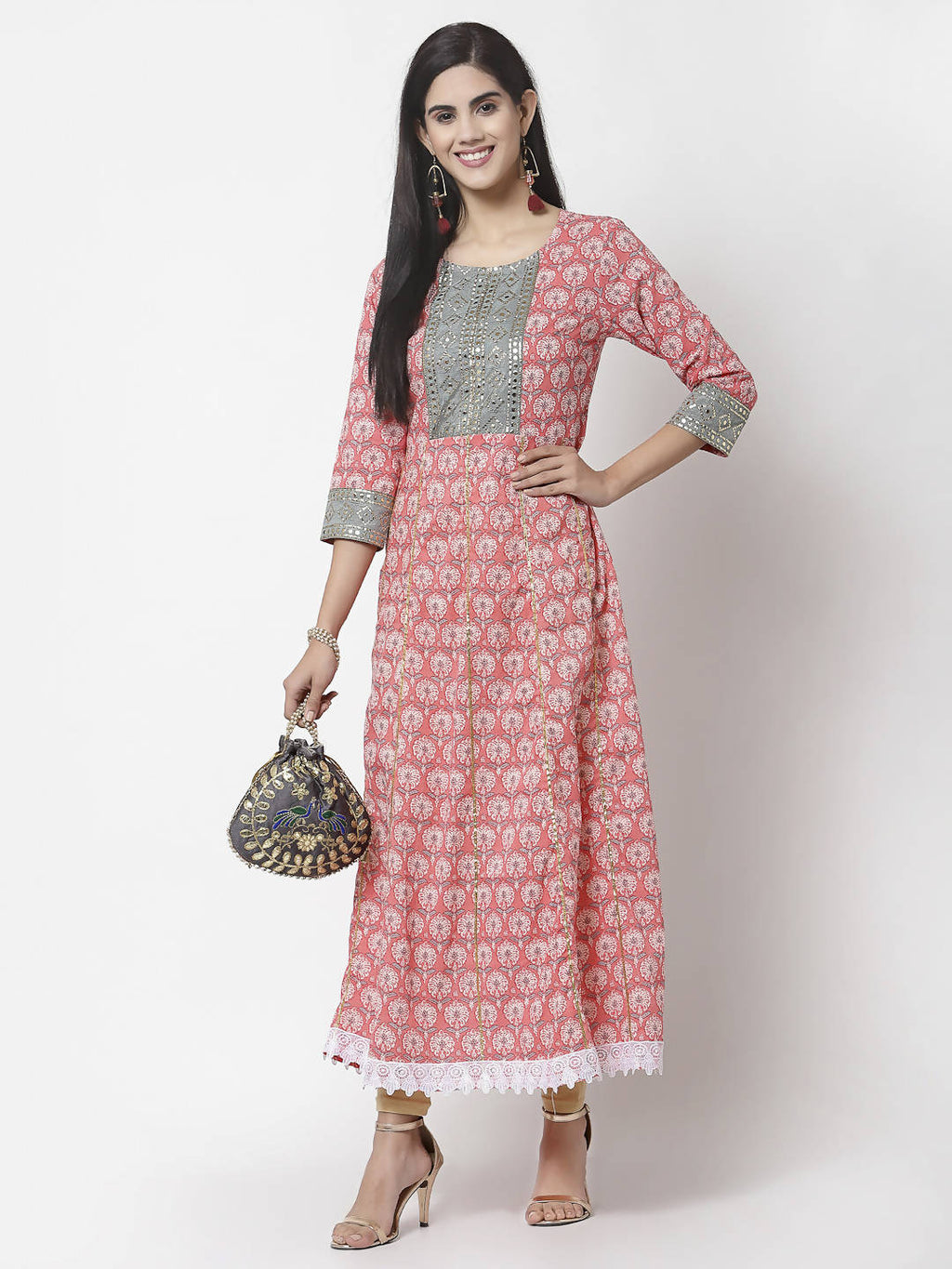 Myshka 3/4 Sleeve Pure Cotton Round Neck Printed Dress For Women | Grocsy