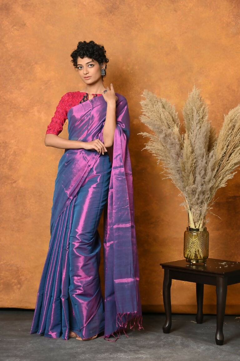 Very Much Indian Fusion Cotton Tissue Shimmer Saree - Dual Tone Purple | Grocsy