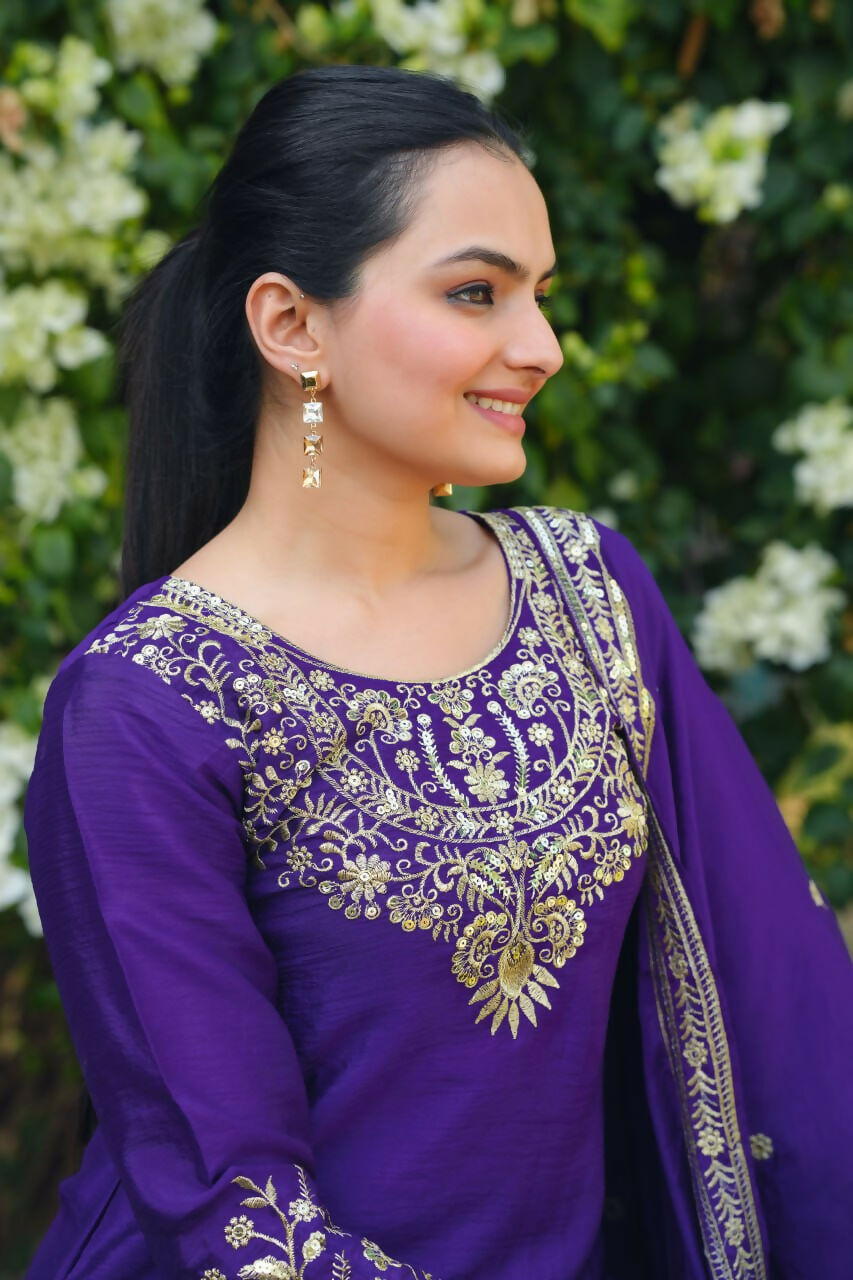 Teeya Creation Purple Color Chinon Silk Wedding Wear Trending Palazzo Set | Grocsy