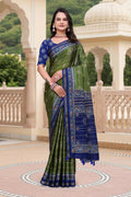 Prime Volt Women's Green & Blue Printed Mal Cotton Saree with Designer Blouse Piece | Grocsy