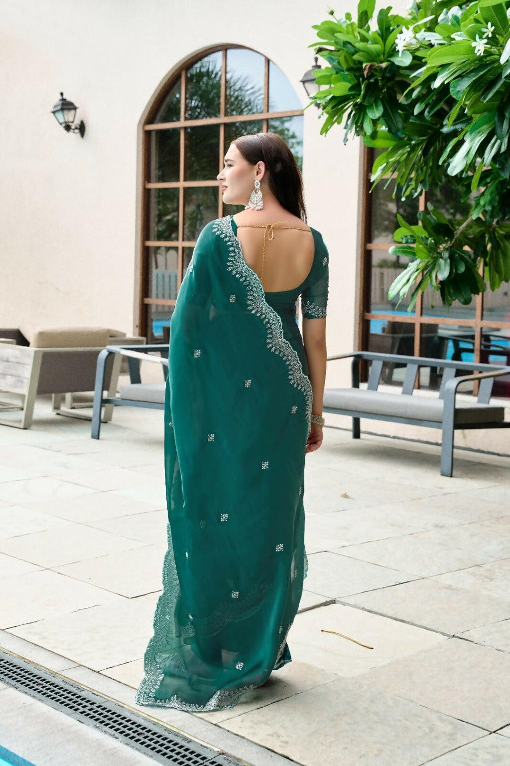 Vastranavya Rama Embroidery Work Shimmer Chiffon Saree with Unstitched Blouse | Grocsy