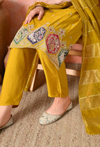 Joban Fashion Mustard Premium Pure Viscose Print Dola With Handwork Kurta Set | Grocsy