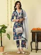 Myshka Women's Blue Pure Cotton Kurta & Trousers With Dupatta Party Sets | Grocsy