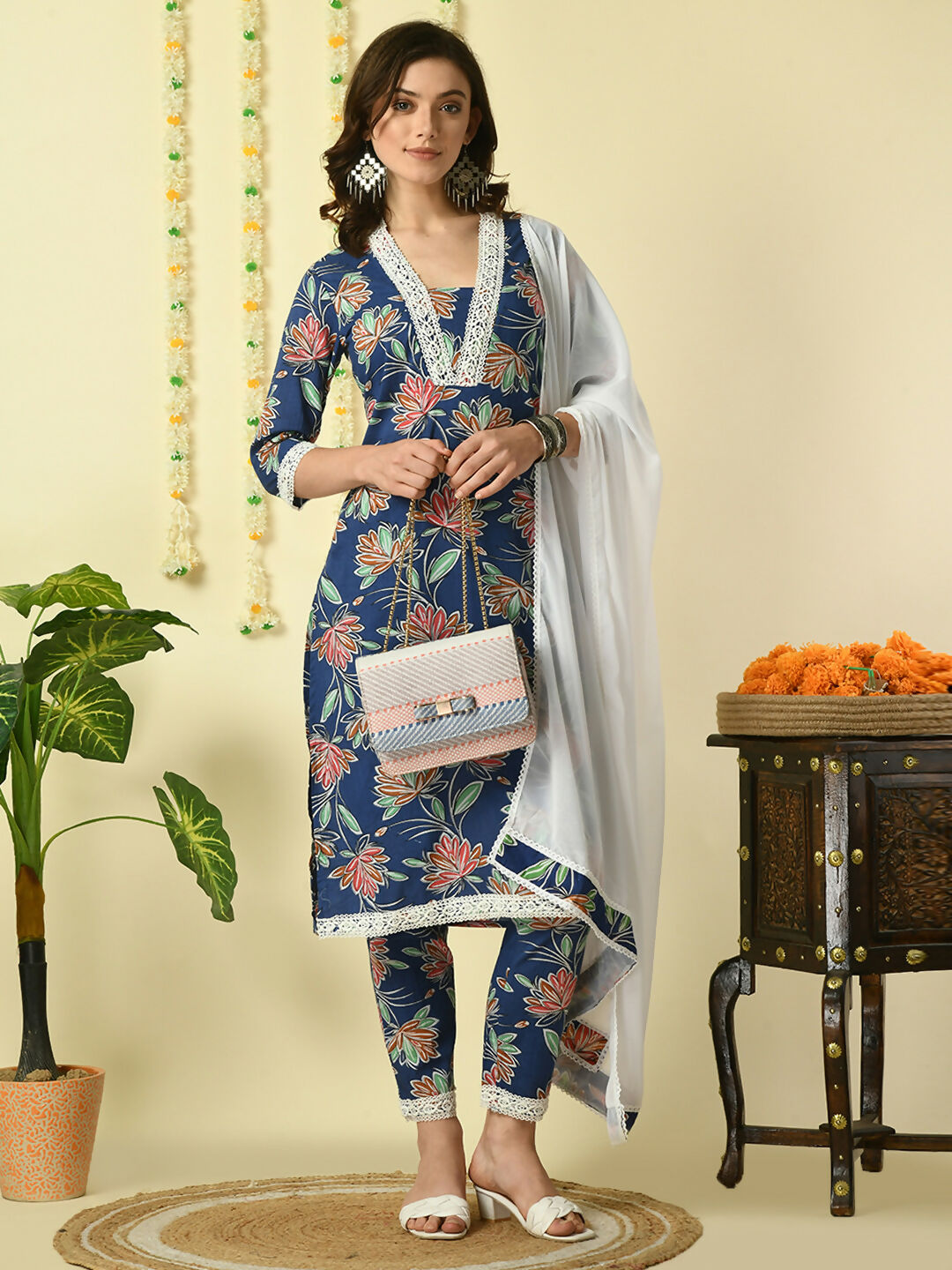 Myshka Women's Blue Pure Cotton Kurta & Trousers With Dupatta Party Sets | Grocsy