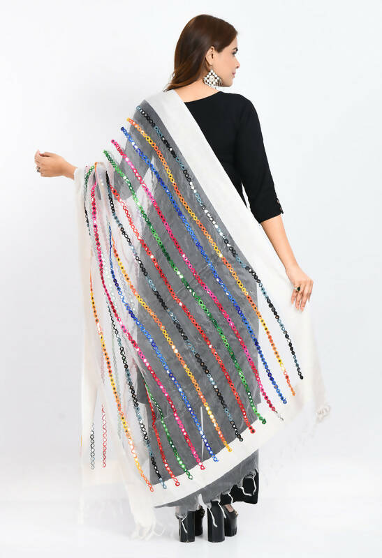 Mominos Fashion Moeza Women's Orgenza Multi Thread Mirror Work White Dupatta | Grocsy