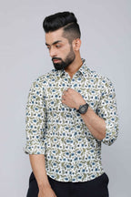 Miravan Men's White & Blue Floral Print Cotton Regular Fit Shirt | Grocsy