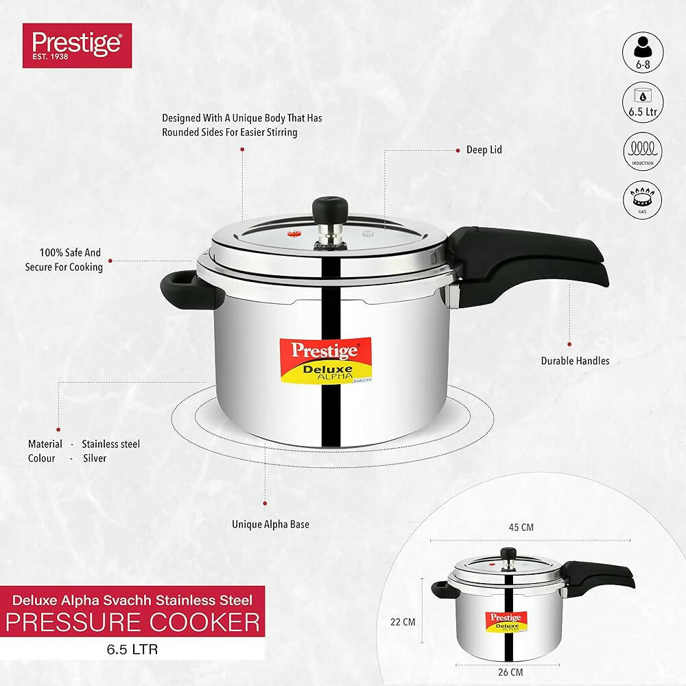 Prestige 6.5 Litres Deluxe Alpha Svachh Induction Base Outer Lid Stainless Steel Pressure Cooker | Grocsy