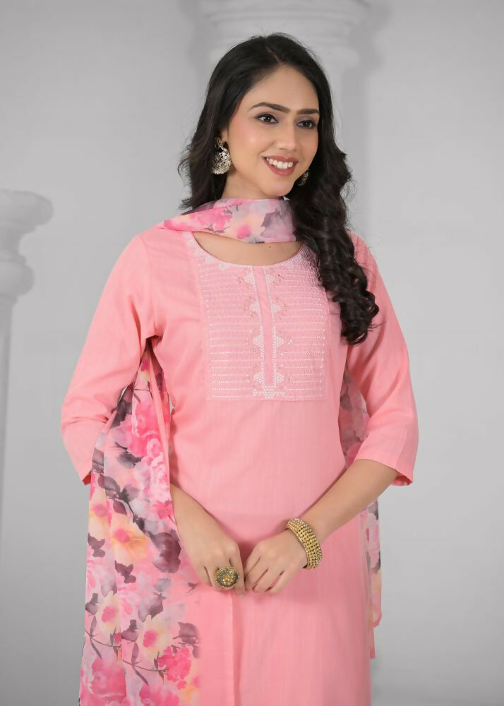 Ethnic Festive Wear Reyon Baby Pink Stitched Suit With Dupatta - Tanisha | Grocsy