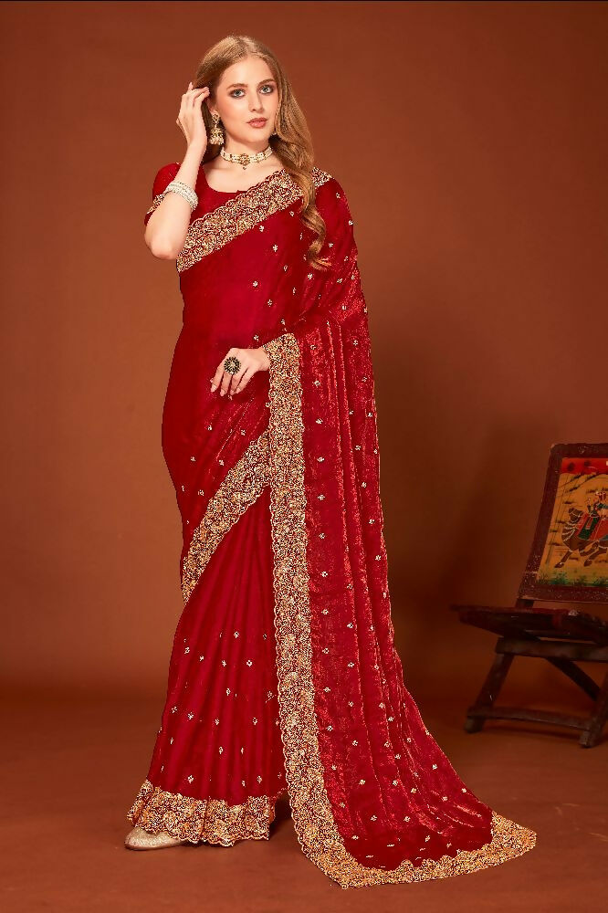 PR Fashion Maroon Fendi Two Tone Silk Heavy Zari Embroidery Work With Heavy Siroski Work Saree | Grocsy