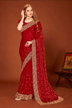PR Fashion Maroon Fendi Two Tone Silk Heavy Zari Embroidery Work With Heavy Siroski Work Saree | Grocsy