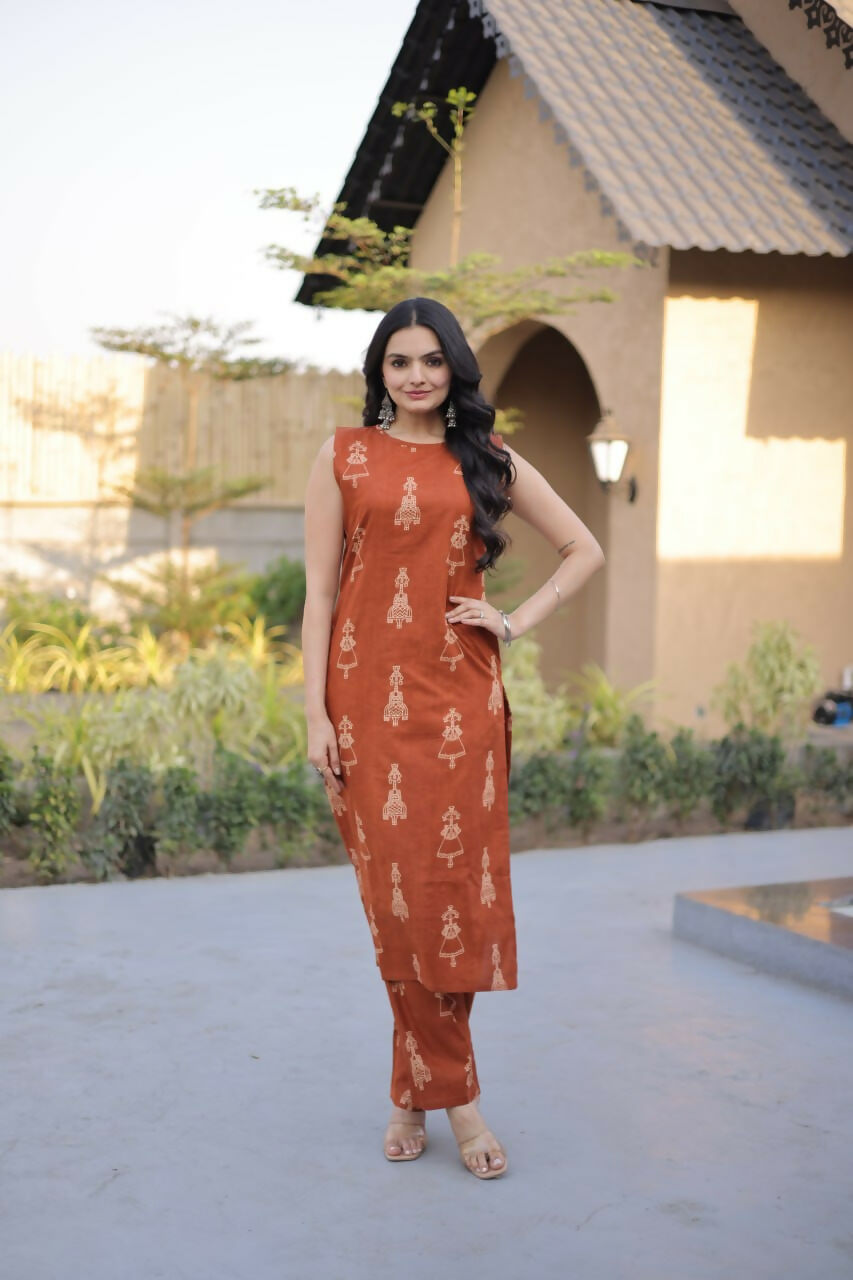 Teeya Creation Womens New Trendy Summer War Printed Cotton Gown Set-Orange | Grocsy