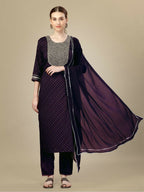 Jyoti Fashion Women's Purple Silk Blend Embroidery & Sequence work Kurta with Trouser & Dupatta | Grocsy