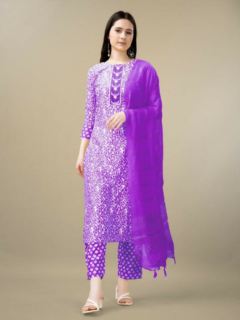 Jyoti Fashion Women's Purple Rayon Embroidery & Sequence work Kurta with Trouser & Dupatta | Grocsy