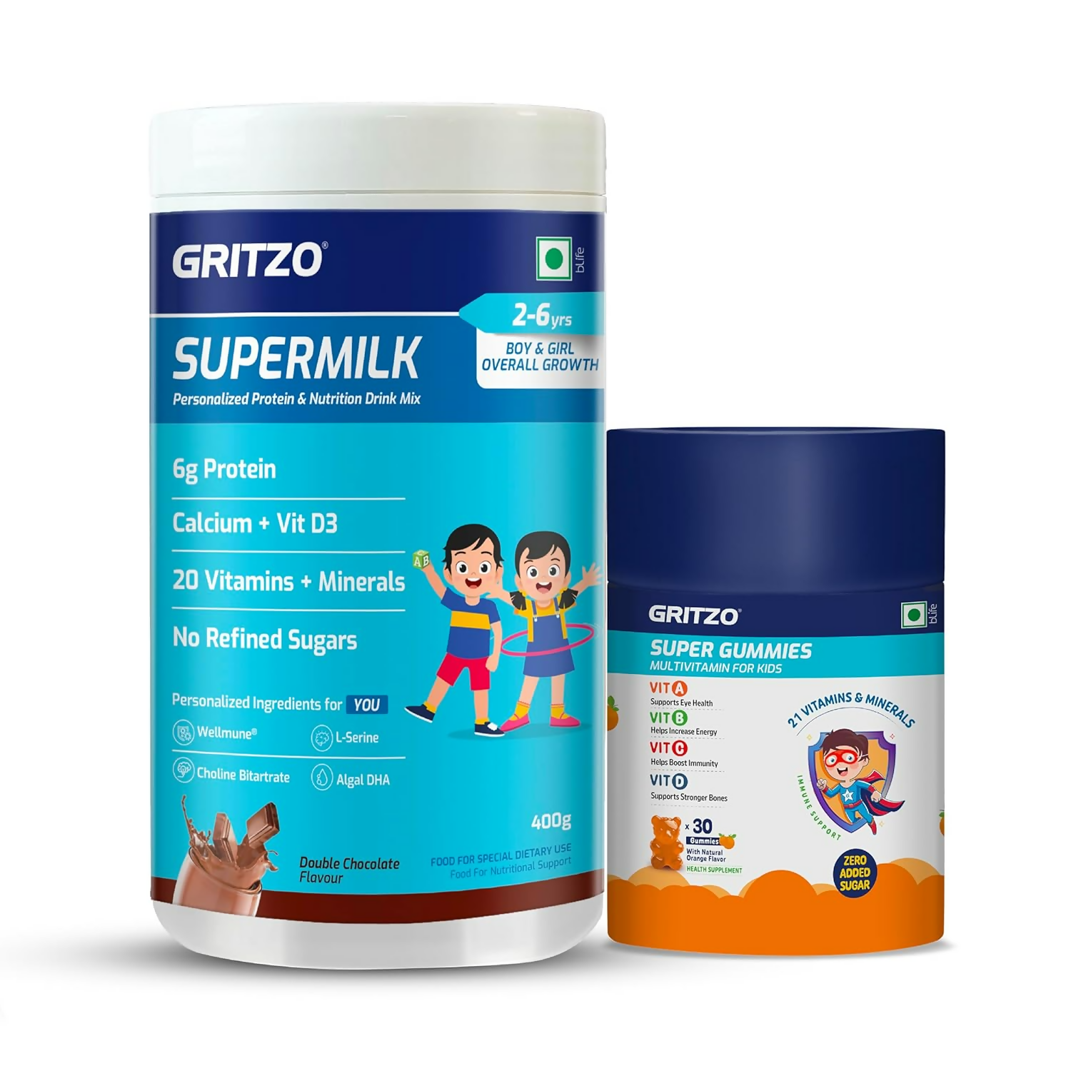 Gritzo SuperMilk Overall Growth (2-6y Boy & Girl) (Double Chocolate) with Super Gummies (Natural Orange Flavour) | Grocsy