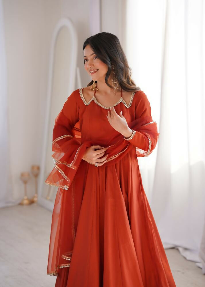 Lehenga Mart Designer Anarkali Suit With Kurta, Pant, Dupatta For Women-Rust | Grocsy