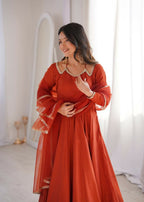 Lehenga Mart Designer Anarkali Suit With Kurta, Pant, Dupatta For Women-Rust | Grocsy