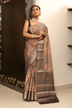 Joban Fashion Cofee Brown Saree Tissue Digital With Embroidery | Grocsy