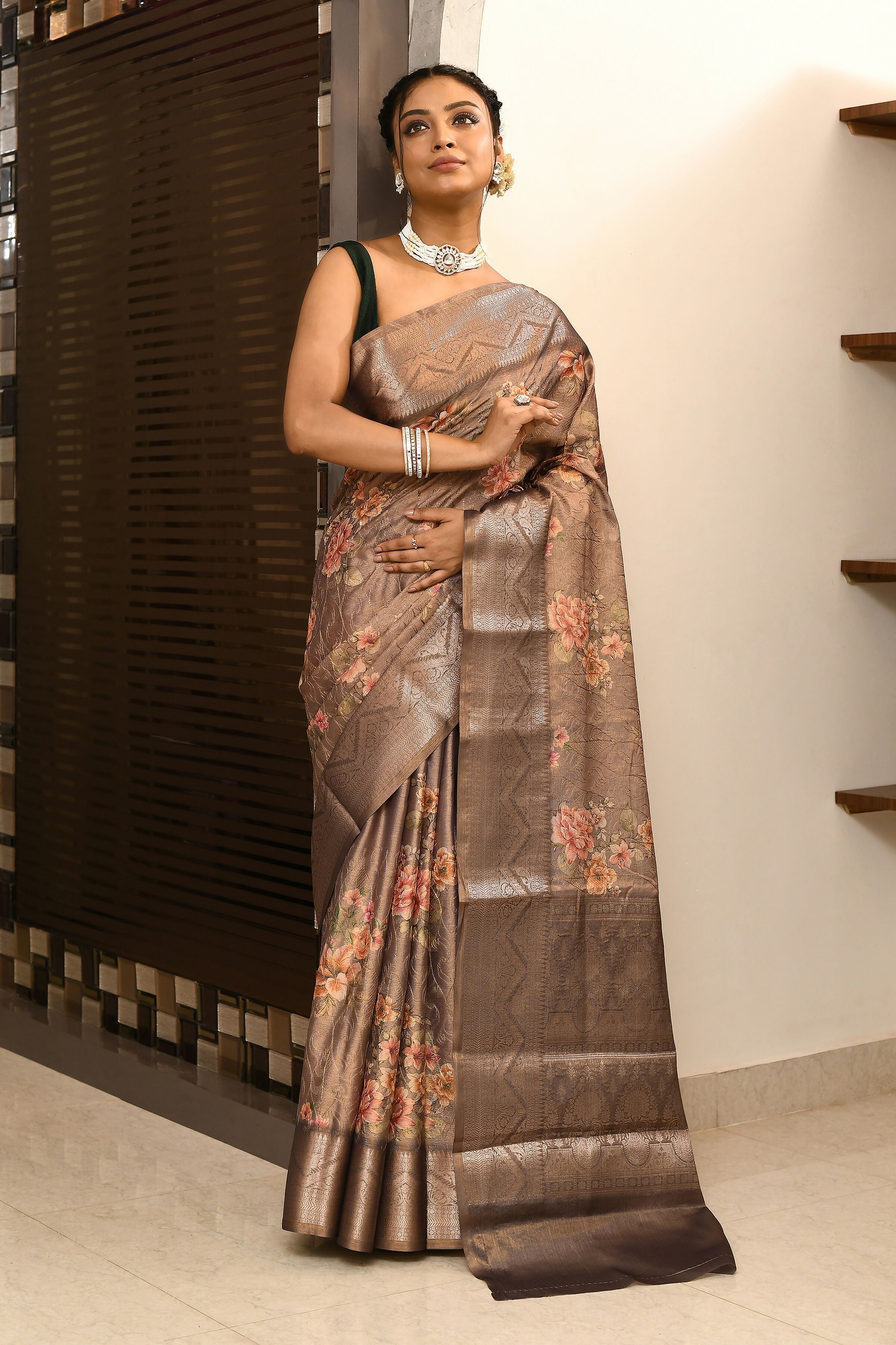 Joban Fashion Cofee Brown Saree Tissue Digital With Embroidery | Grocsy