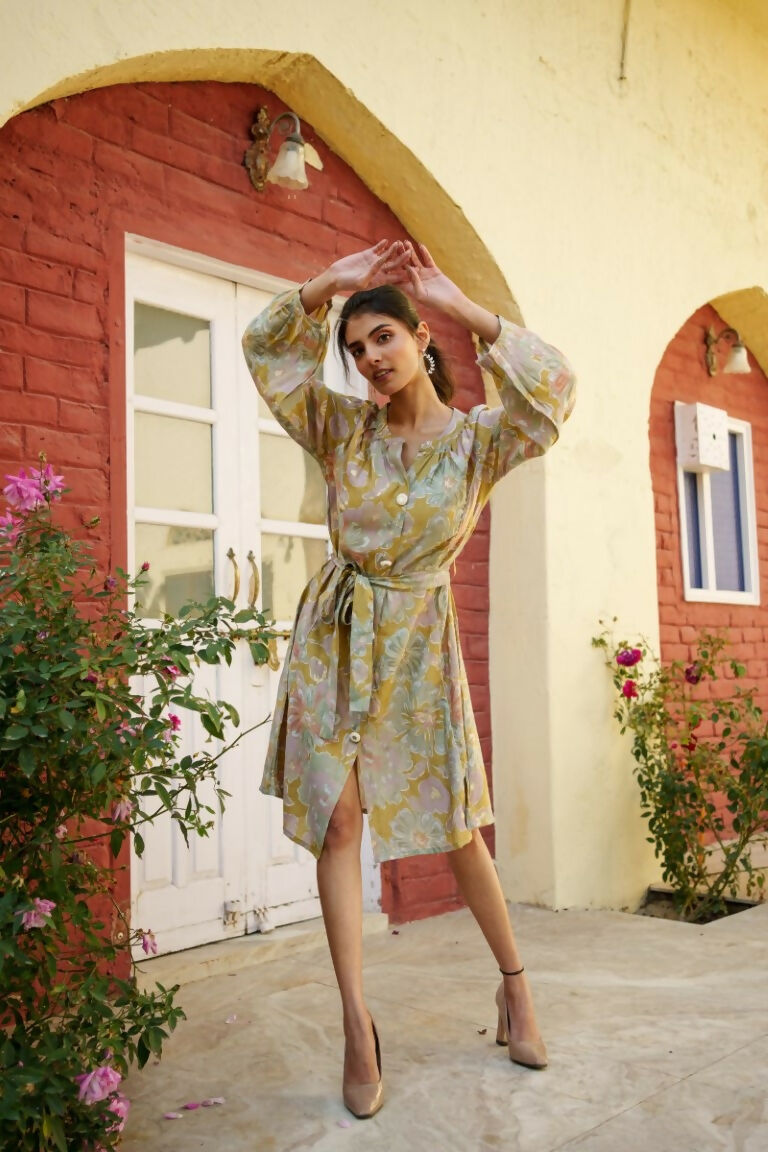 Vaasva Women Green Muslin Floral Printed Knee Length Dress | Grocsy