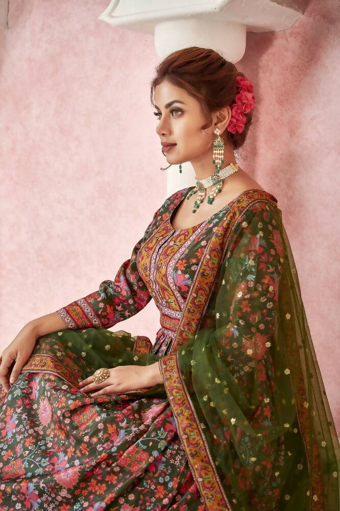Everywhere Designer Mahendi Dola Silk Gown With Dupatta - Anbazaar | Grocsy